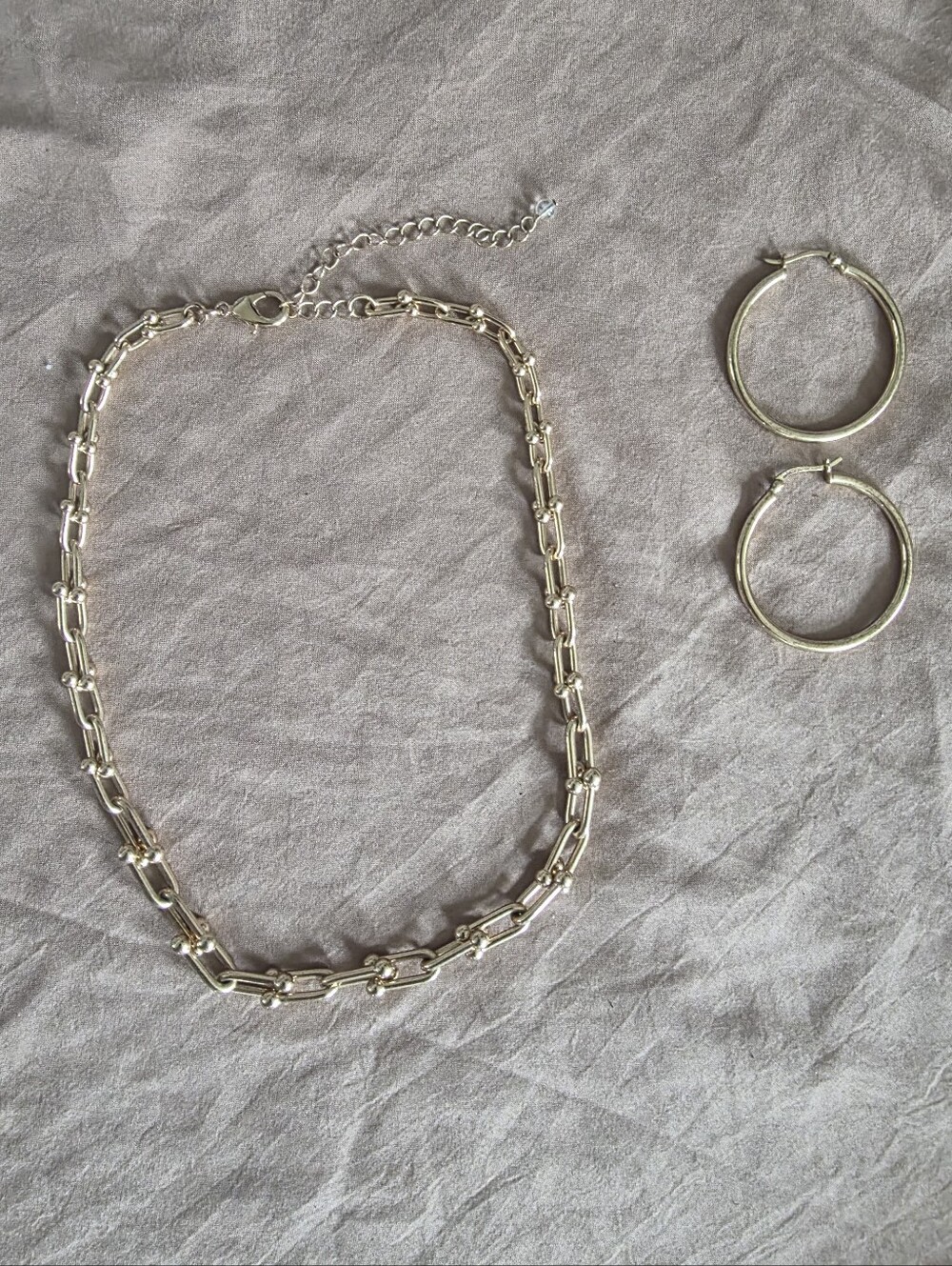 Goldtone Chain Link Necklace And 18kt Gold Over Sterling Silver Hoop Earrings